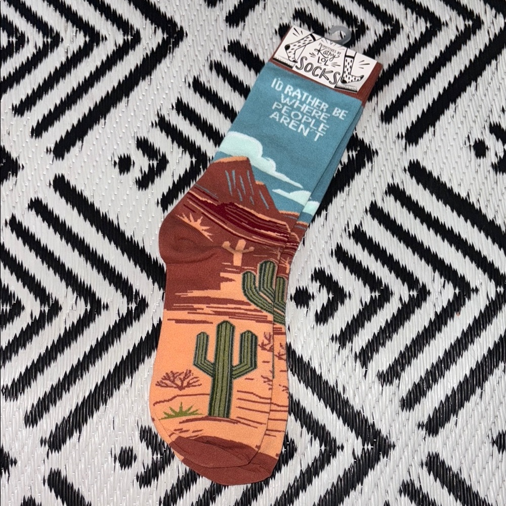 “I’d rather be where people aren’t” Blue and Brown Cactus Pattern Socks
